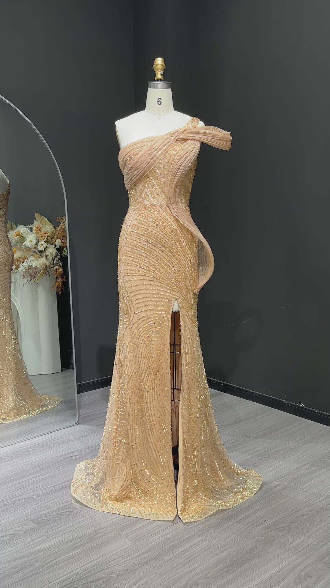 Luxury Crystal Beaded Caramel Evening Dress with Slit SS088