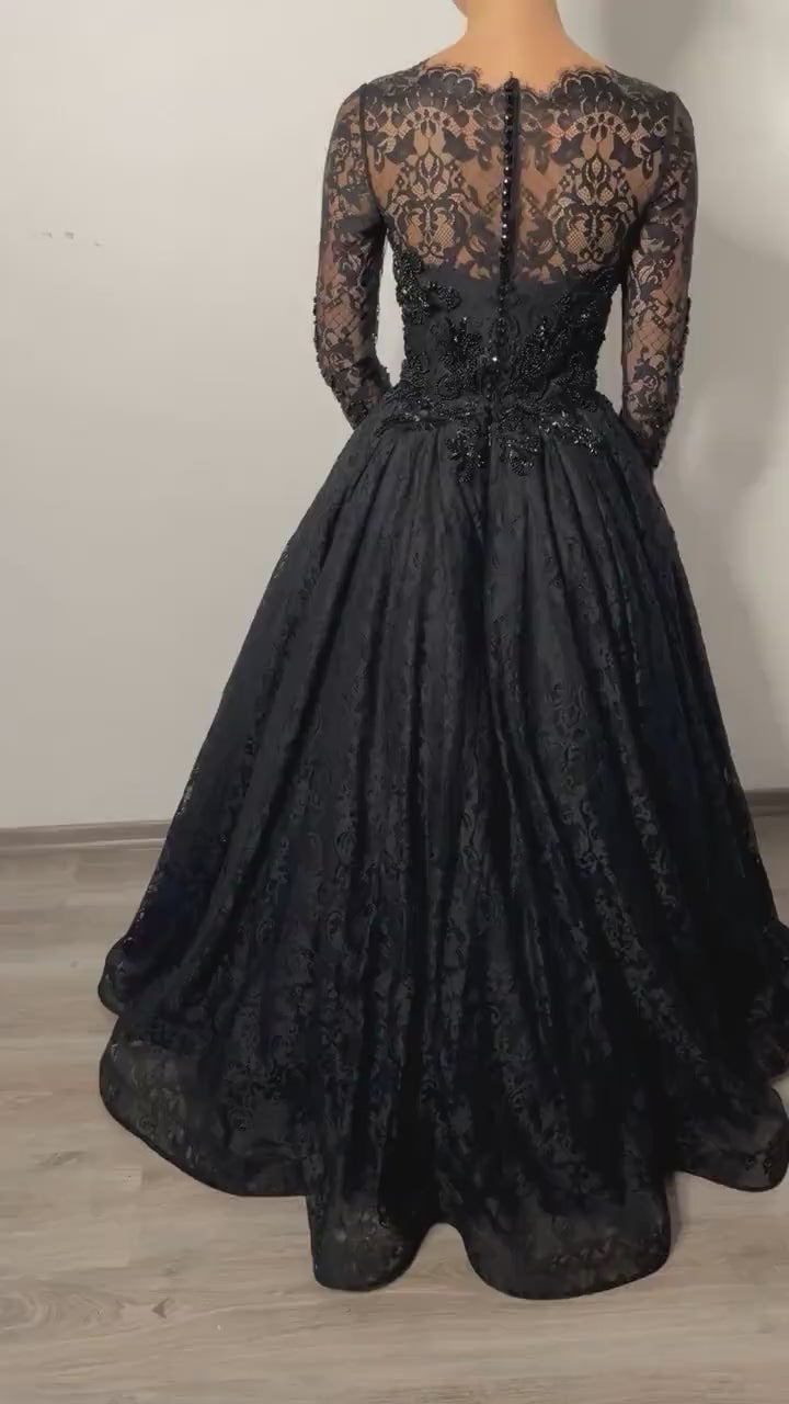 Black Gothic Beaded Lace Ball Gown Dress SW557-11