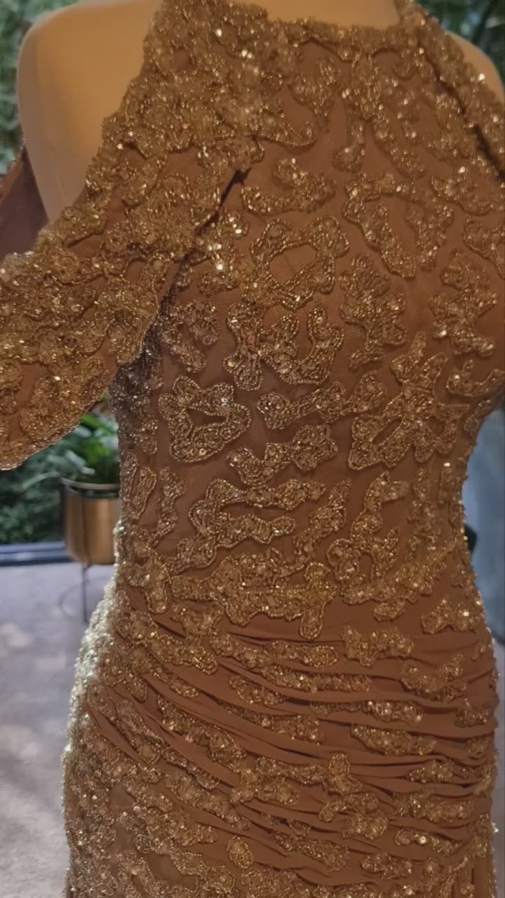 Luxury Beaded Mauve Snap Sleeves Evening Dress SS559-9