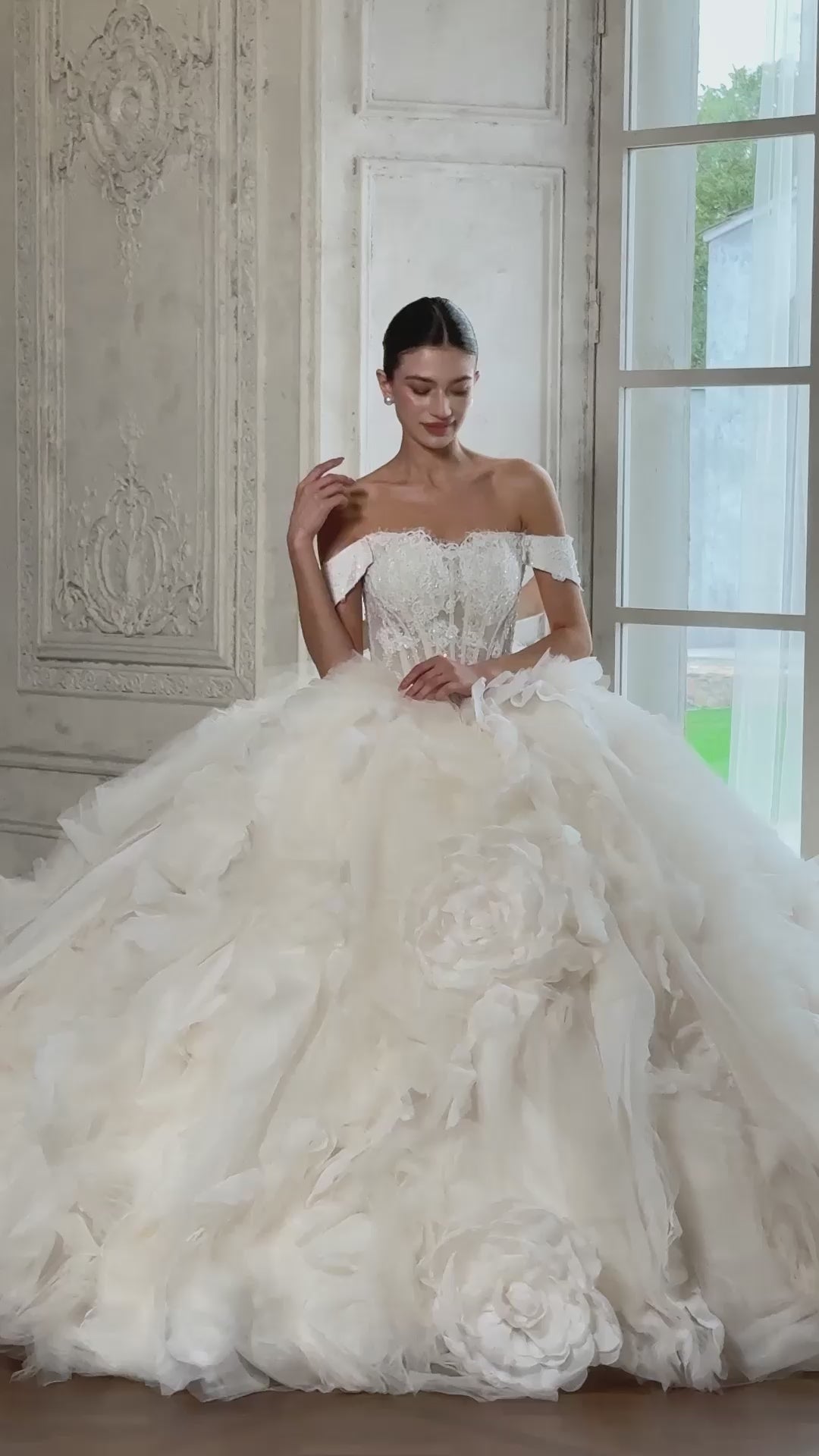 Off White Lace Corset Tiered Ruffle Tulle Wedding Dress-13