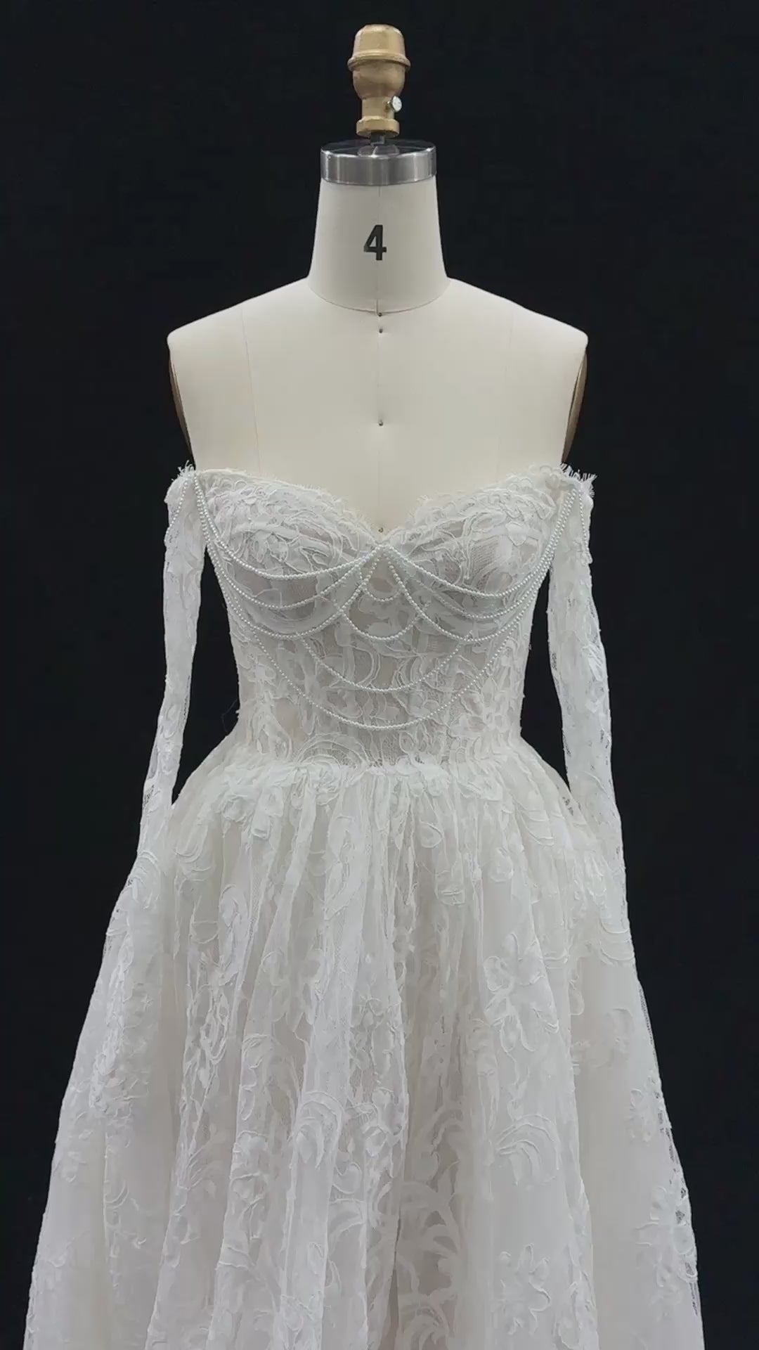 White Lace Long Sleeve A Line Wedding Dress-11