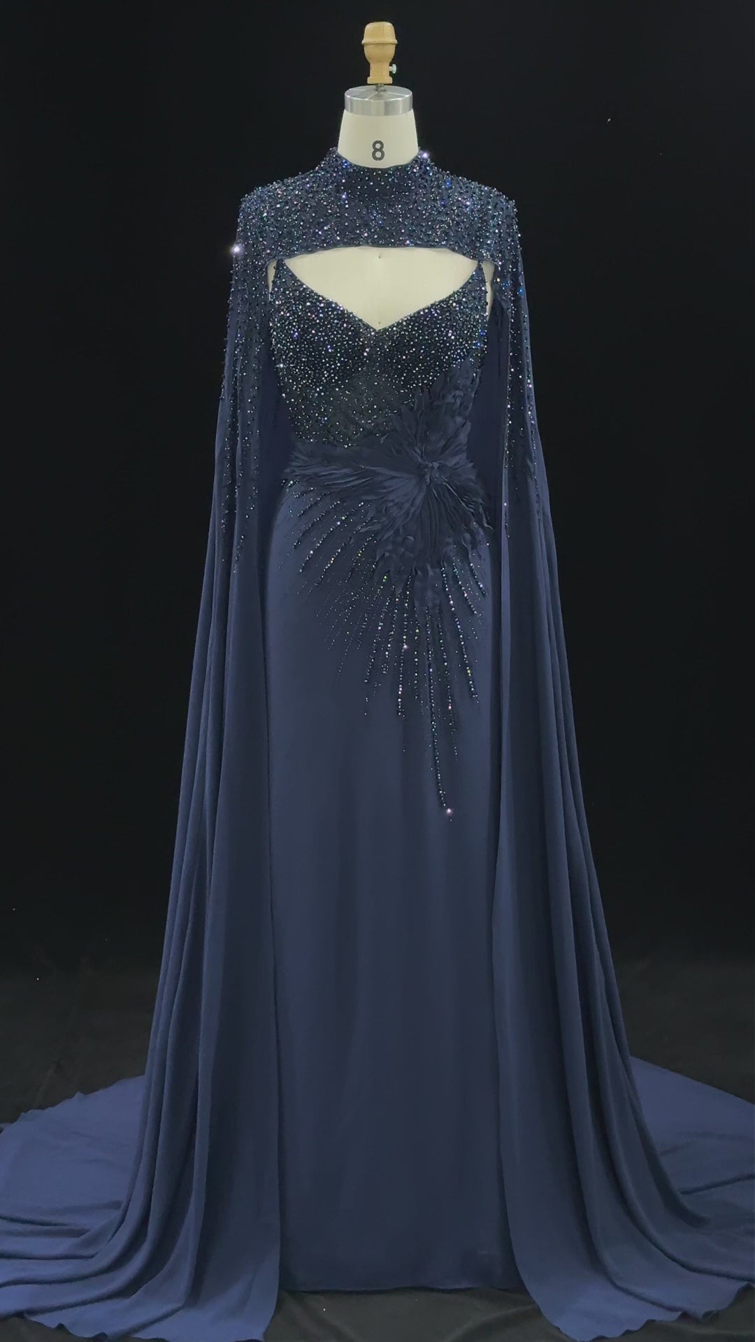 Navy Blue Cape Sleeve Beaded Formal Evening Dress SS074-10