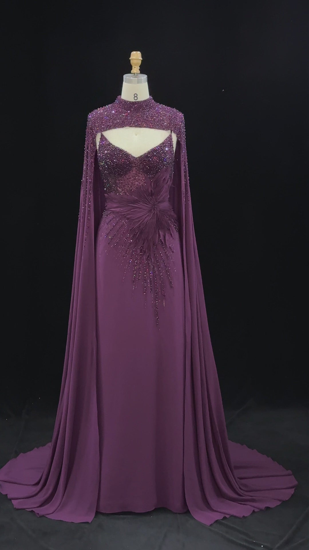 Navy Blue Cape Sleeve Beaded Formal Evening Dress SS074-26