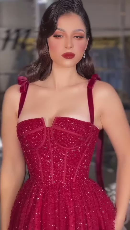 Luxury Beaded Red Evening Dresses with Straps SS263-9