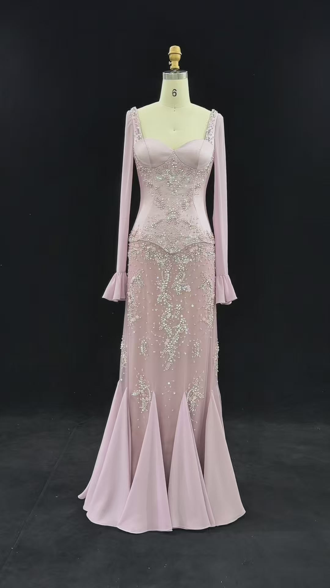 Pink Bell Sleeve Mermaid Beaded Evening Dress SS211-9