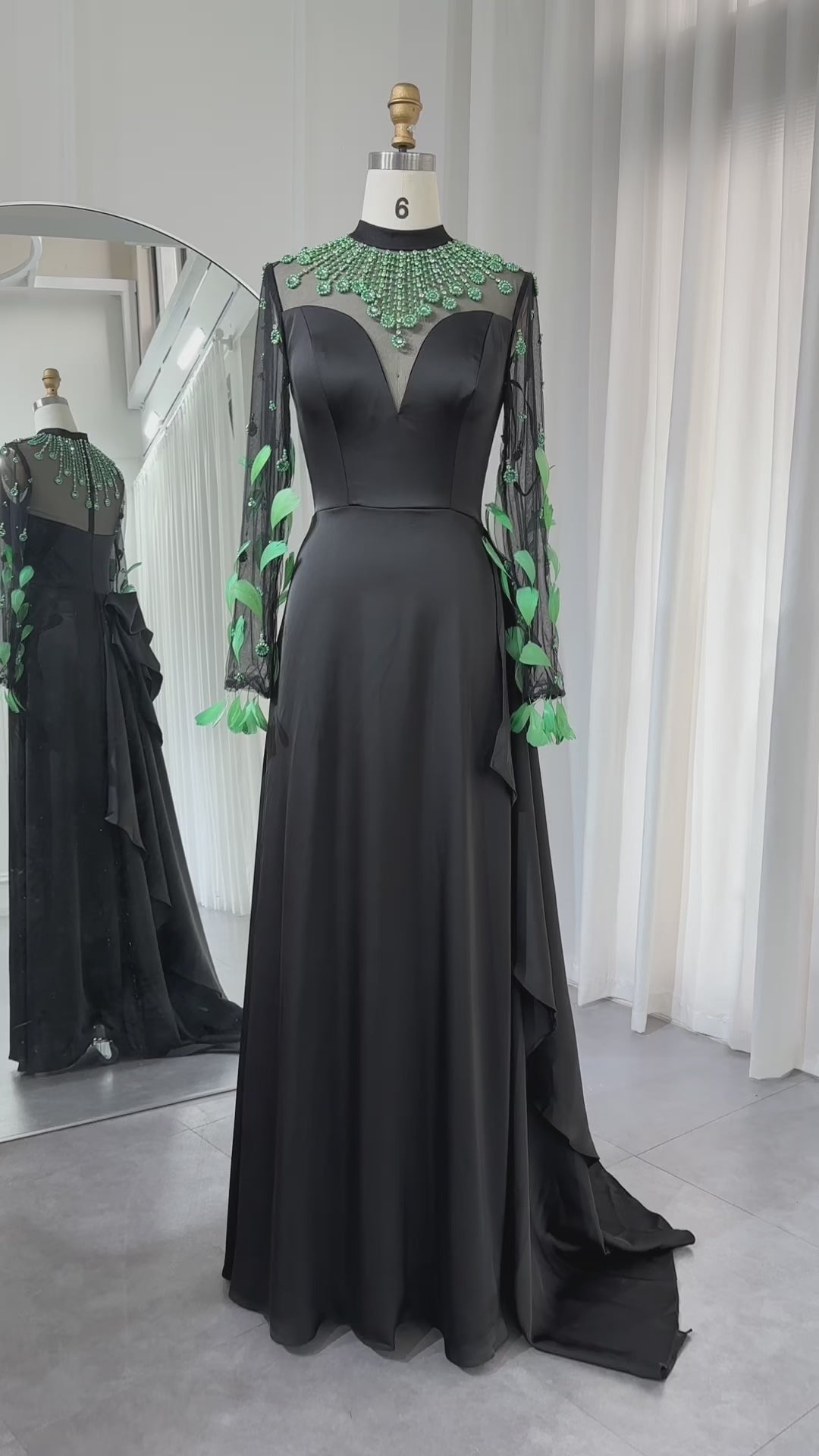 Luxury Feathers Black Long Sleeves Evening Dress SS457