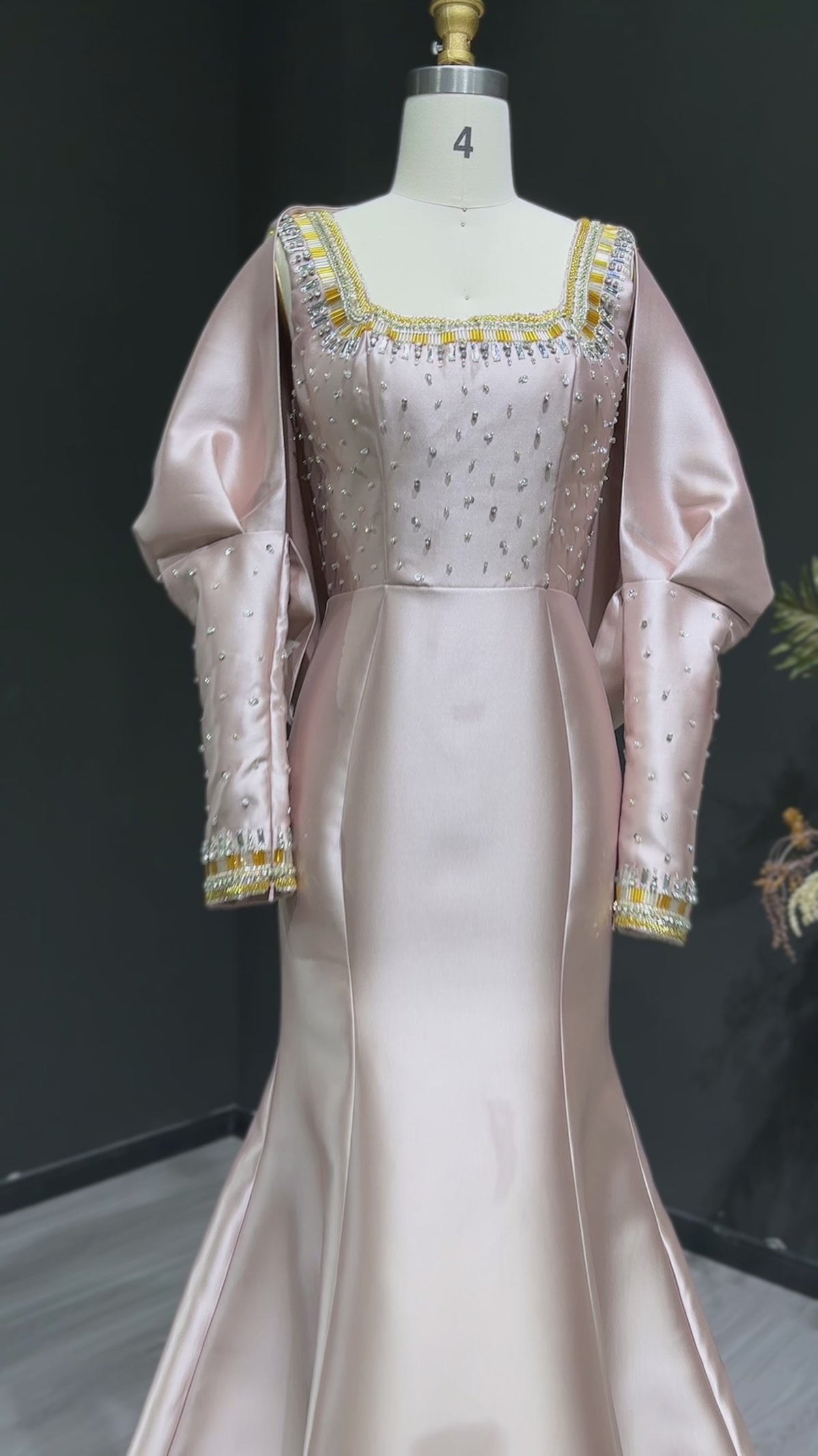 Luxury Khaki Beaded Satin Evening Dress with Statement Detachable Sleeves SS574-15