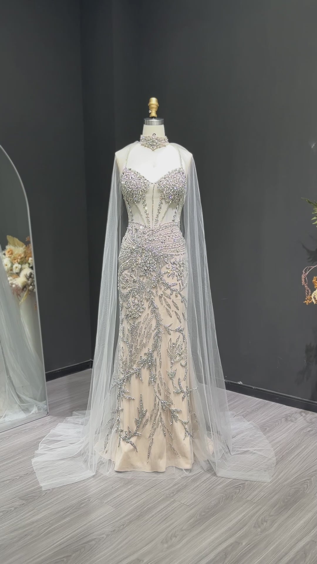 Luxury Champagne Beaded Evening Dress with Cape SS071-7