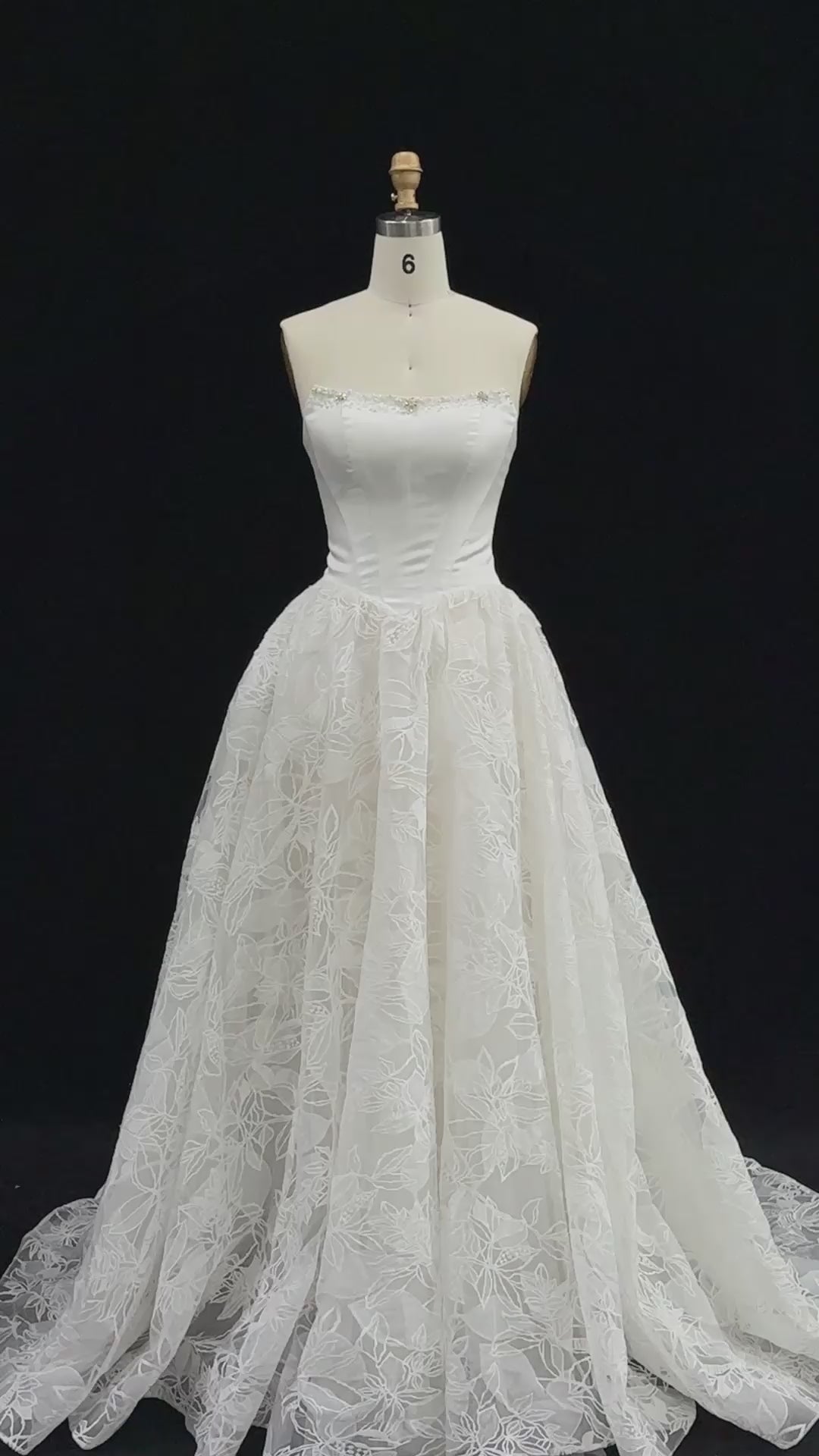 Off White Strapless Satin Lace Wedding Dress-9