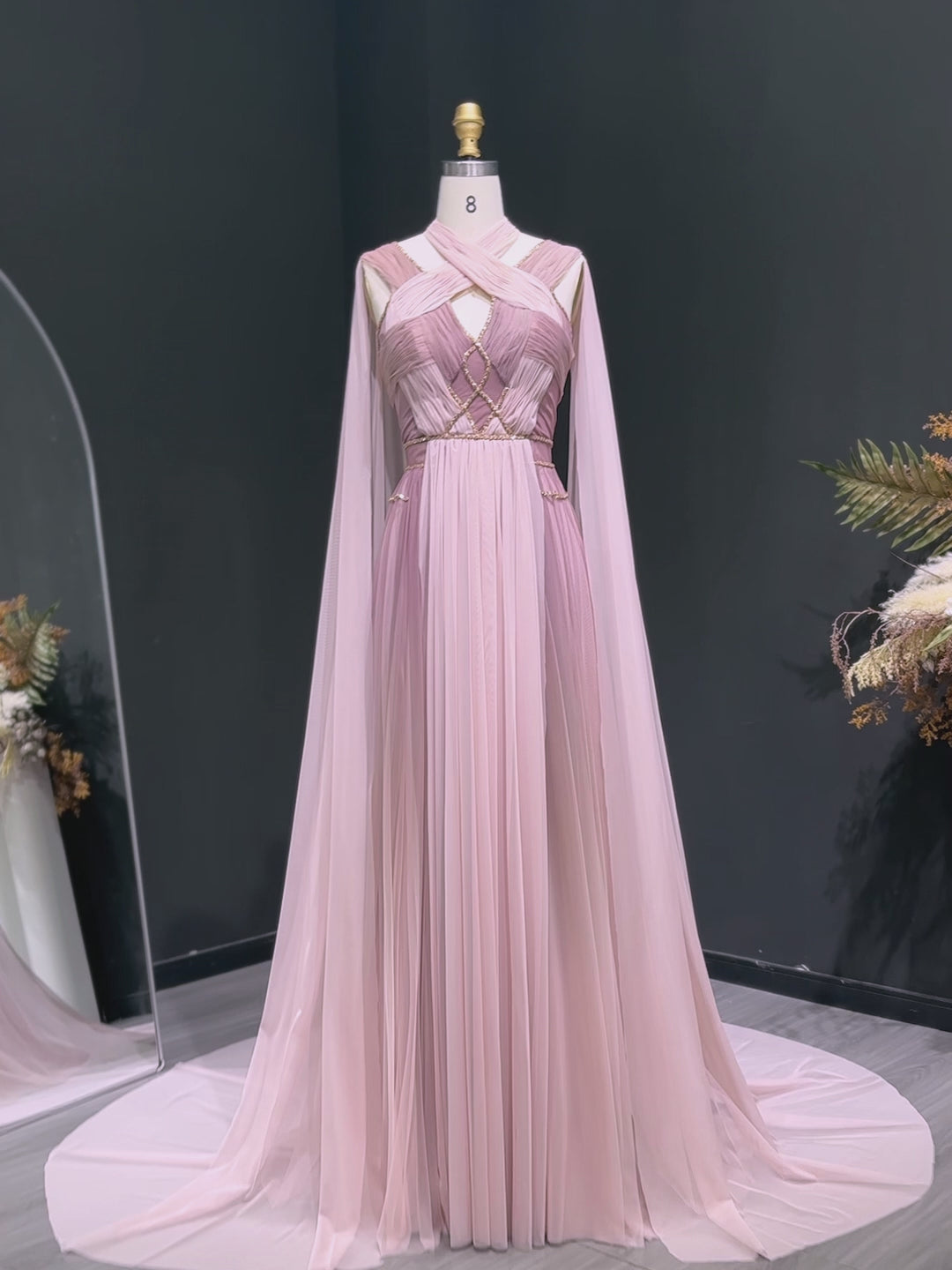 Trendy Pink Ombre Cape Evening Gown SS309-10