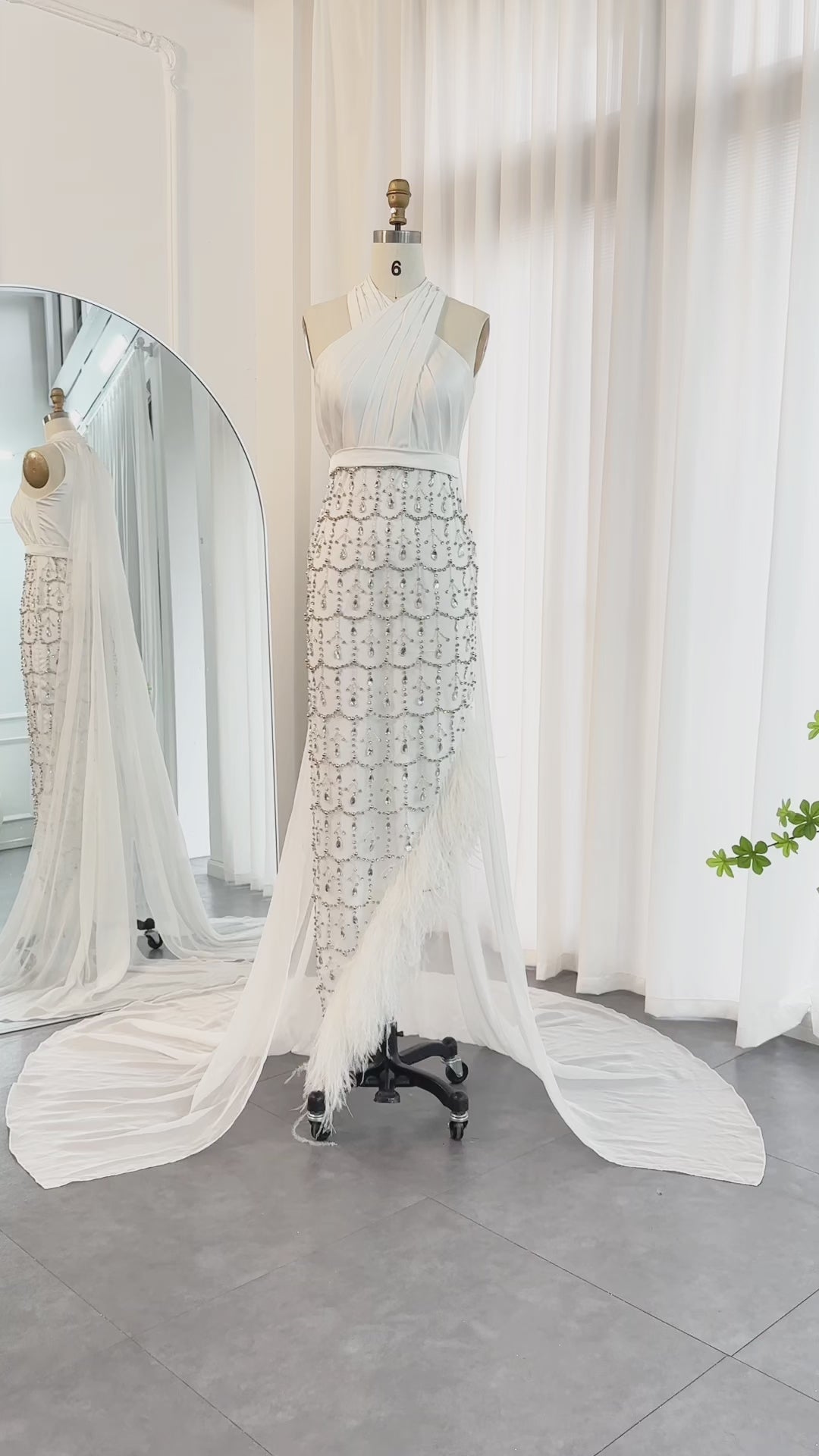 Luxury Feather White Halter Evening Dress with Cape SS350-6