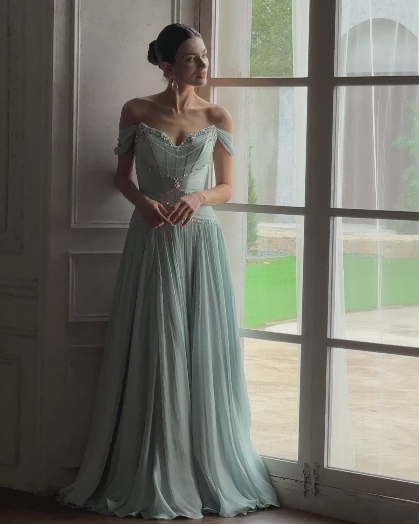 Aqua Off-Shoulder Crystal A-Line Evening Dress SS308