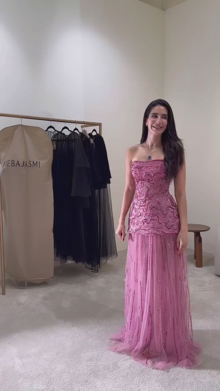 Rose Pink Crystal Sequin Two Piece Evening Dress SS218-11