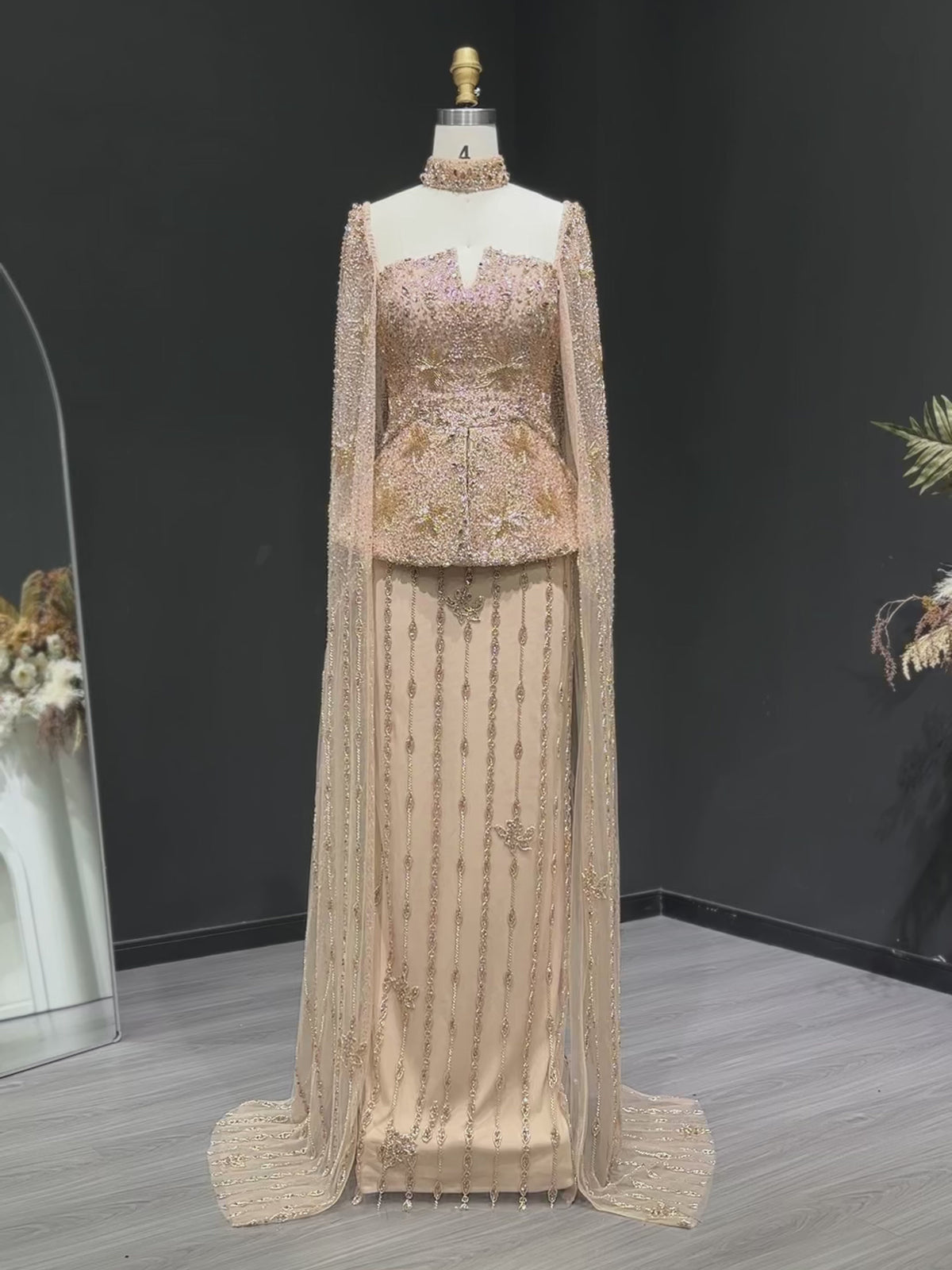 Silver High Neck Fitted Evening Dress Cape SS531-21