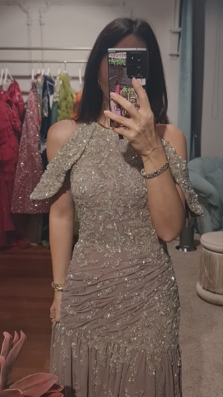 Luxury Beaded Mauve Snap Sleeves Evening Dress SS559-10
