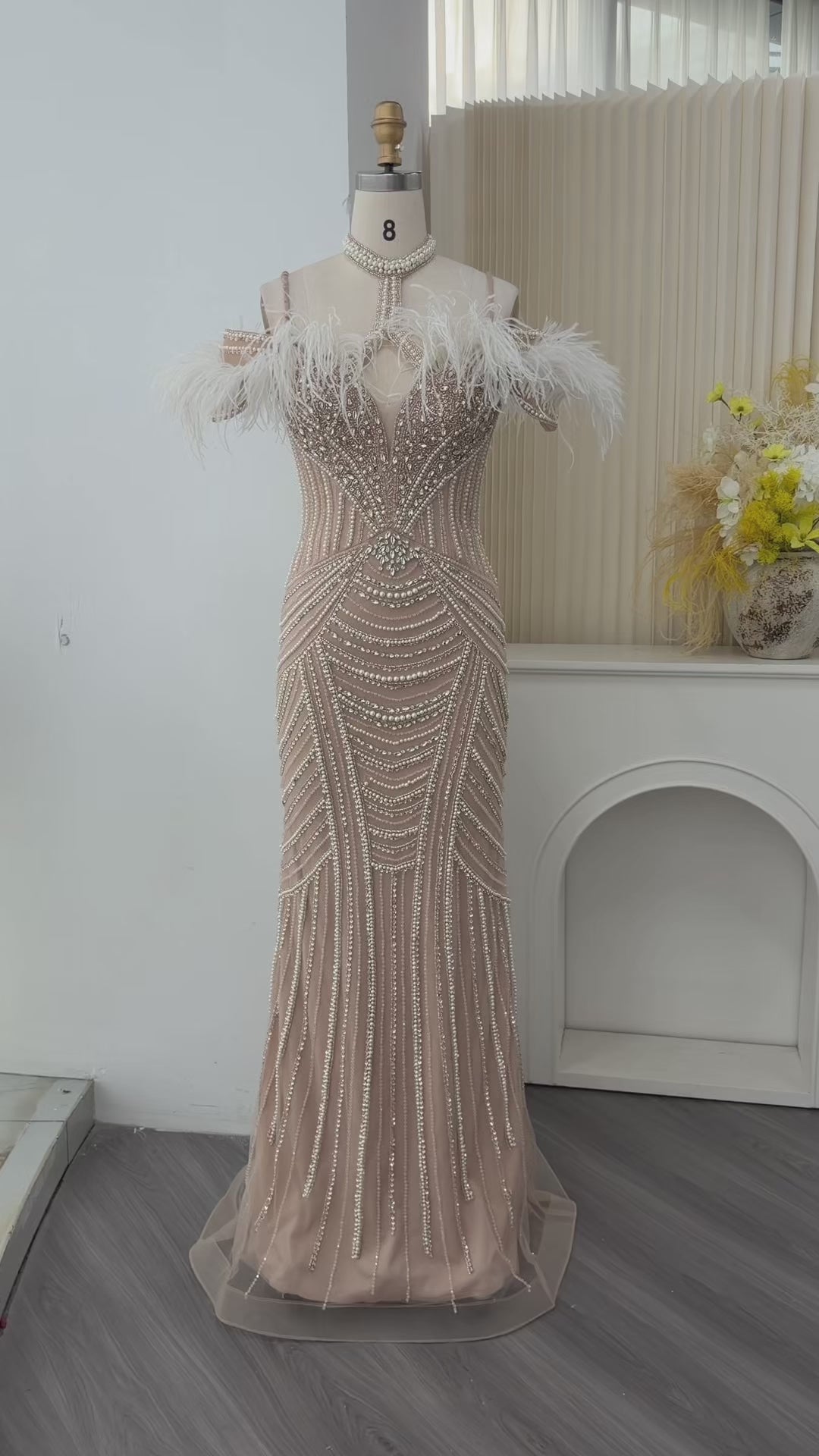 Pink Beaded Feather Mermaid Evening Dress-20