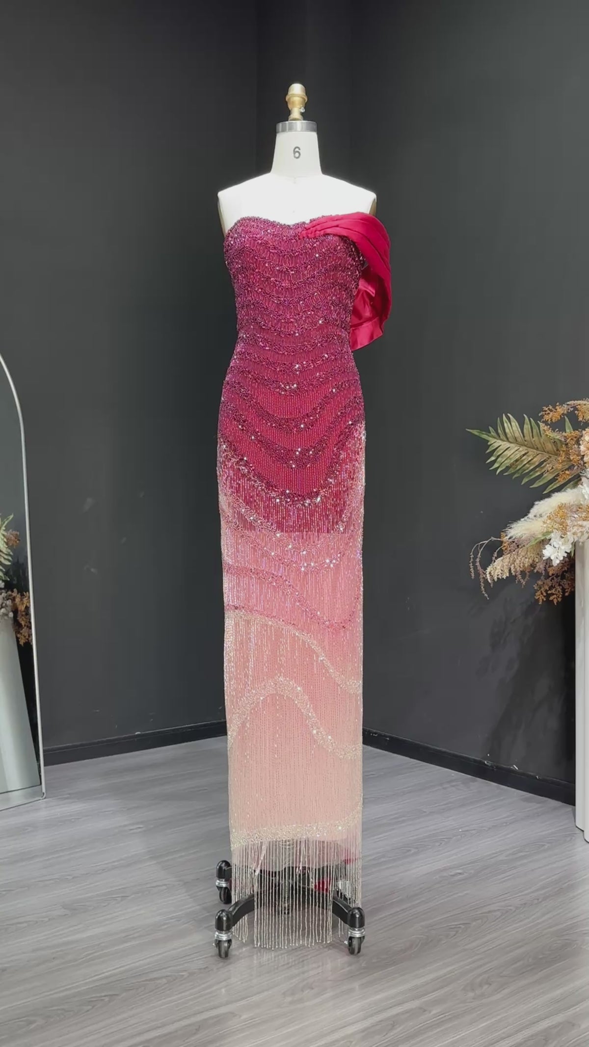 Luxury Burgundy Beaded Ombre Off-Shoulder Mermaid Evening Dress with Cap SS530-12