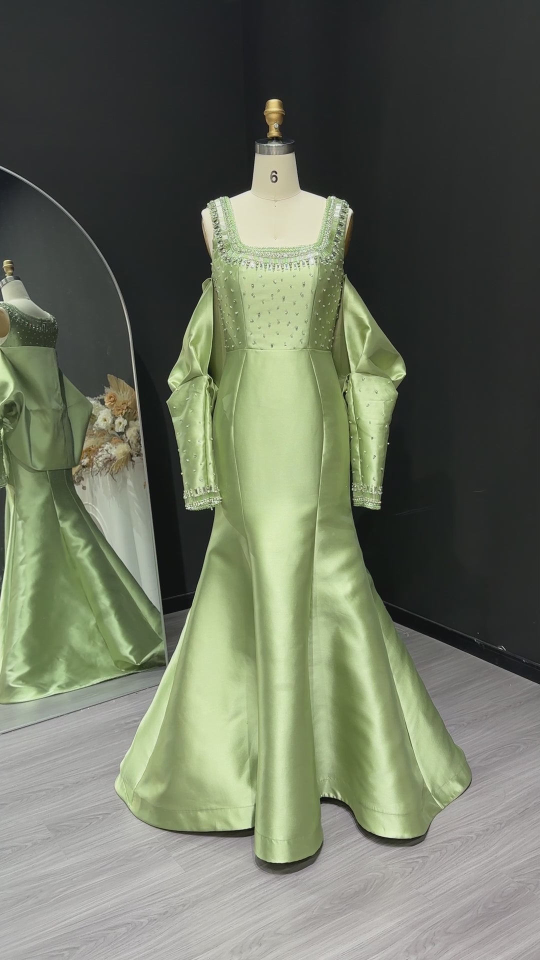 Luxury Khaki Beaded Satin Evening Dress with Statement Detachable Sleeves SS574-25