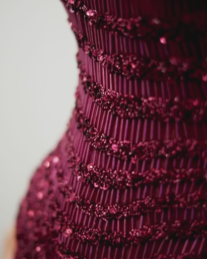 Luxury Burgundy Beaded Ombre Off-Shoulder Mermaid Evening Dress with Cap SS530-11