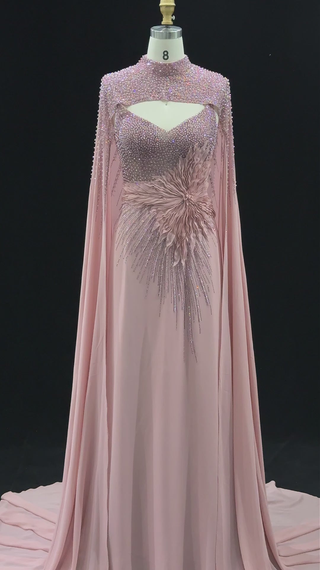 Navy Blue Cape Sleeve Beaded Formal Evening Dress SS074-34