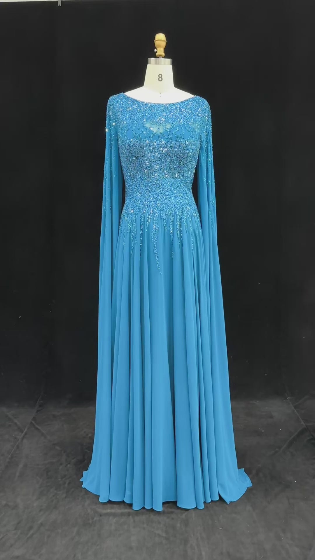 Peacock Blue Sequin Cape Sleeve Evening Dress SS105-8