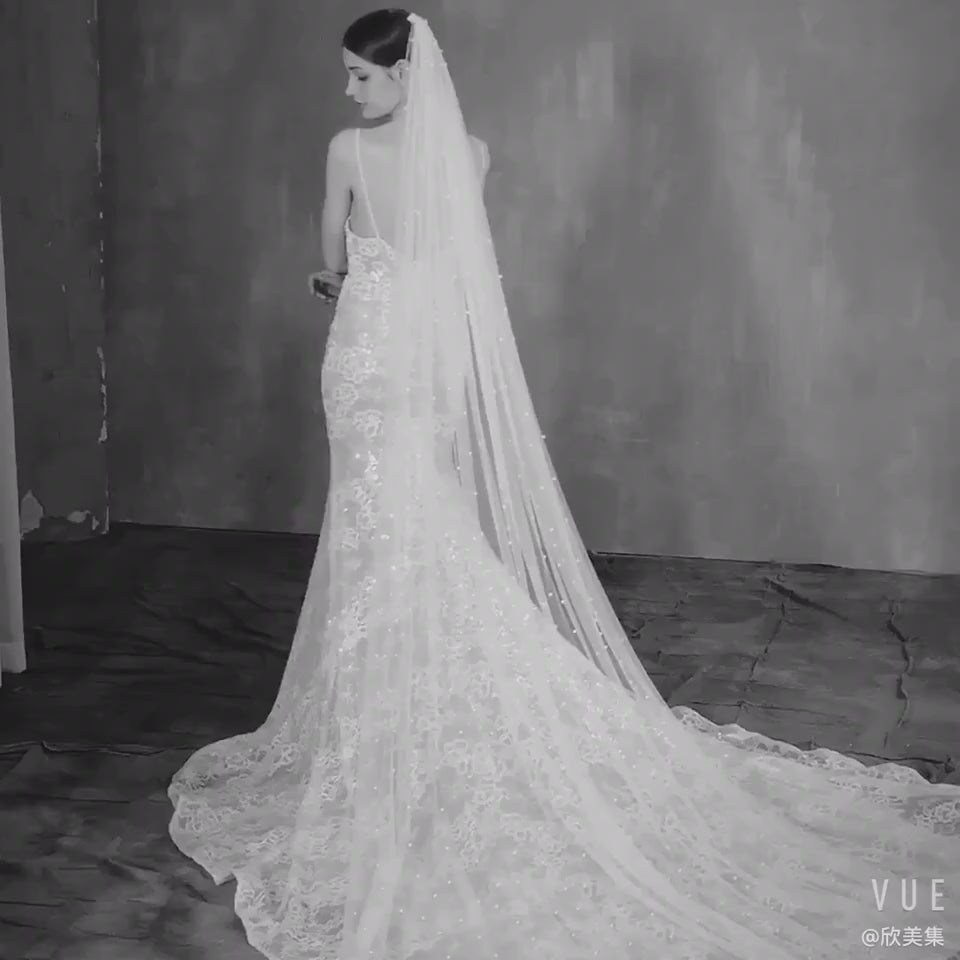 Minimalist Scattered Pearl Bridal Veil Long Soft Tulle 90.55inch Cathedral Wedding Veil Cut Edge BV002-7