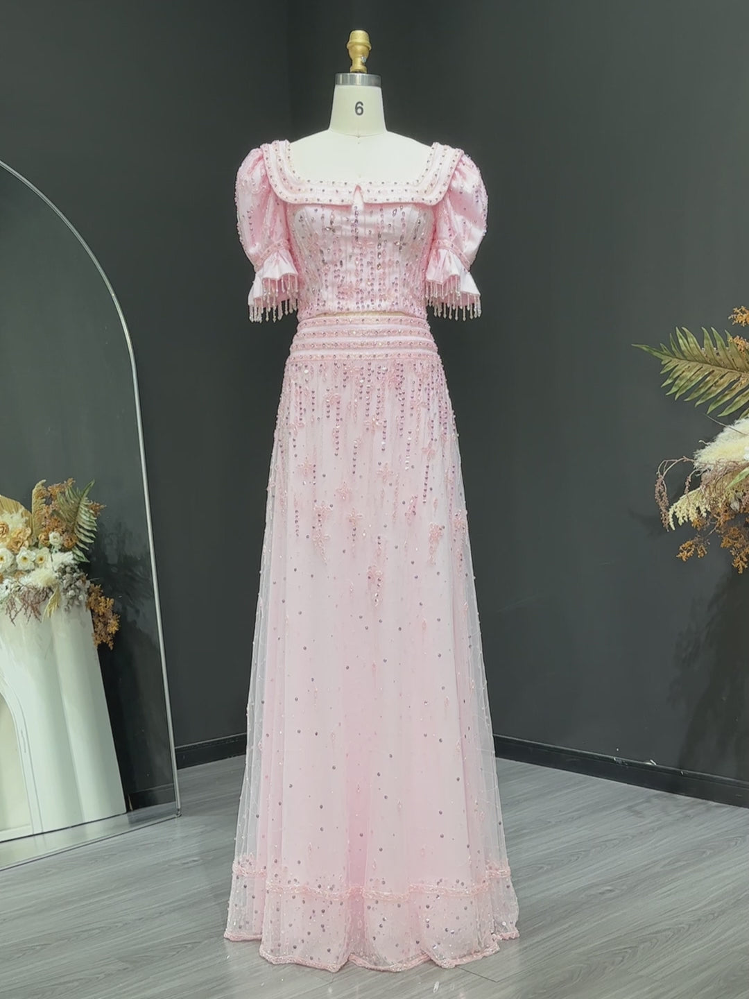 Pink Sequin Puff Sleeve Two Piece Evening Dress SS548-12