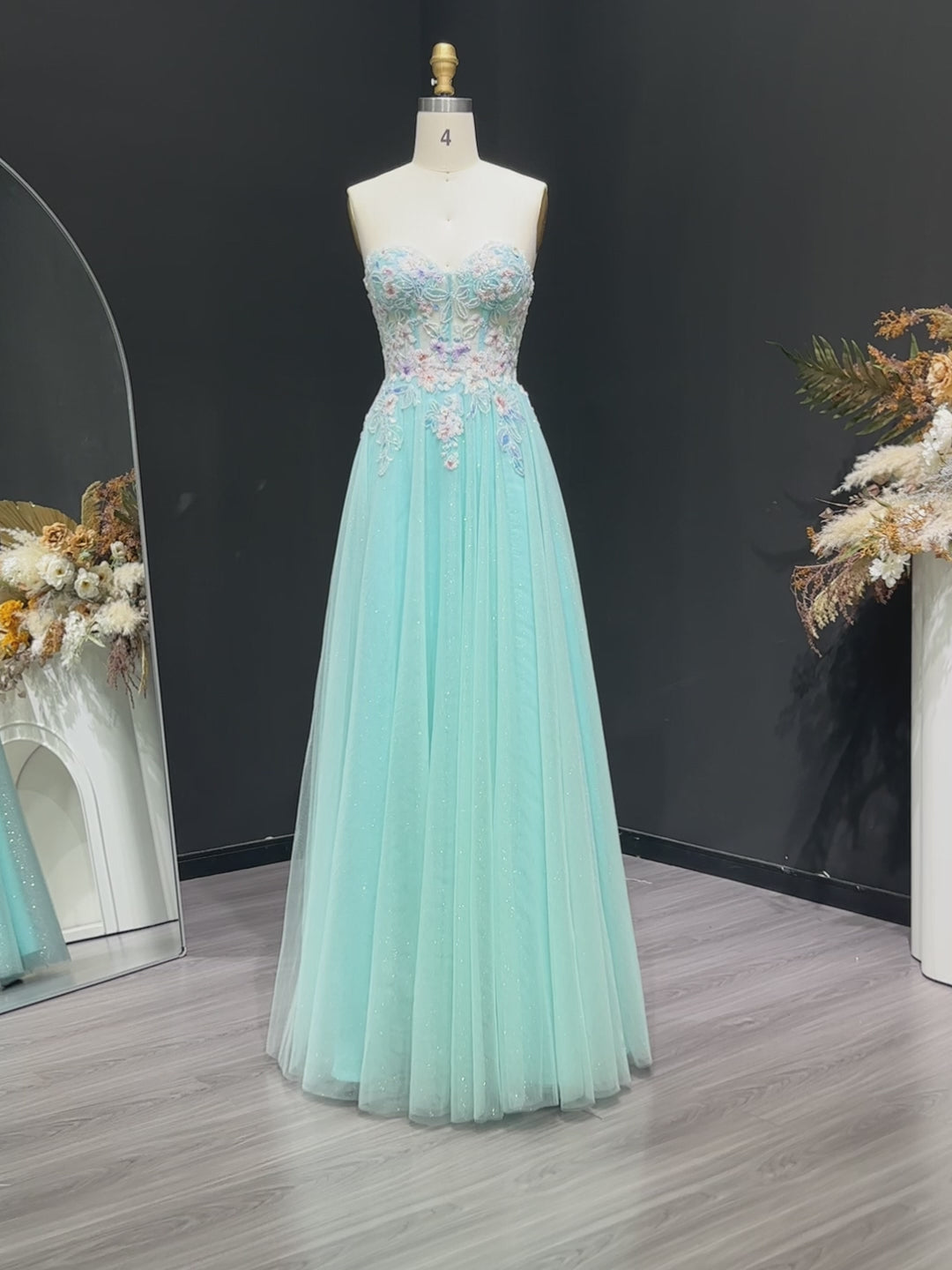 Luxury Blue Strapless Beaded Tulle Prom Dress SH119
