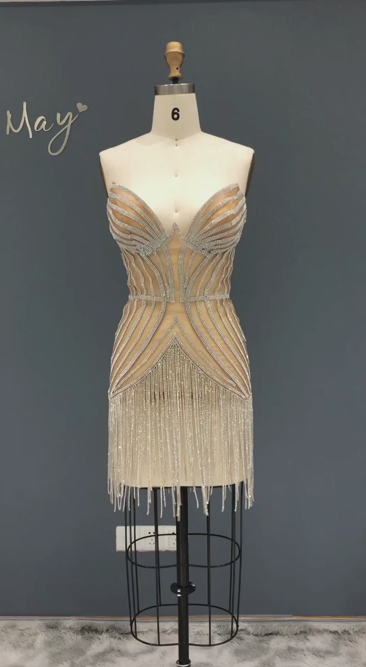 Silver Beaded Tassel Strapless Cocktail Dress RM016-8