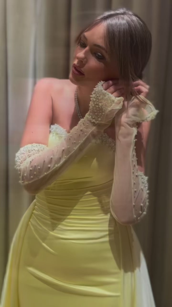 Elegant Sweetheart Yellow Evening Dress with Gloves SS586-2