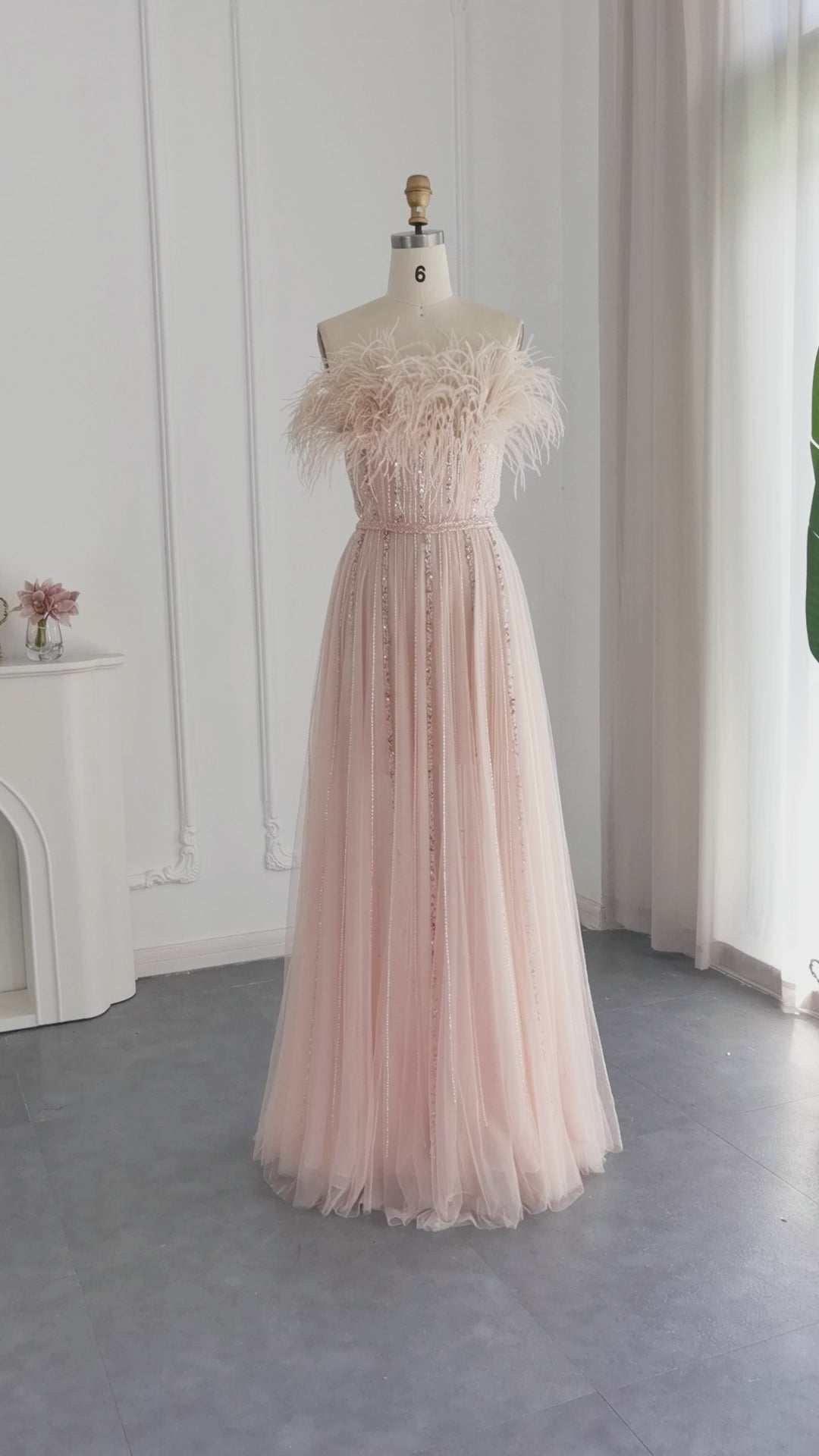 Luxury Pink Feathers Strapless Evening Dress SS401-4