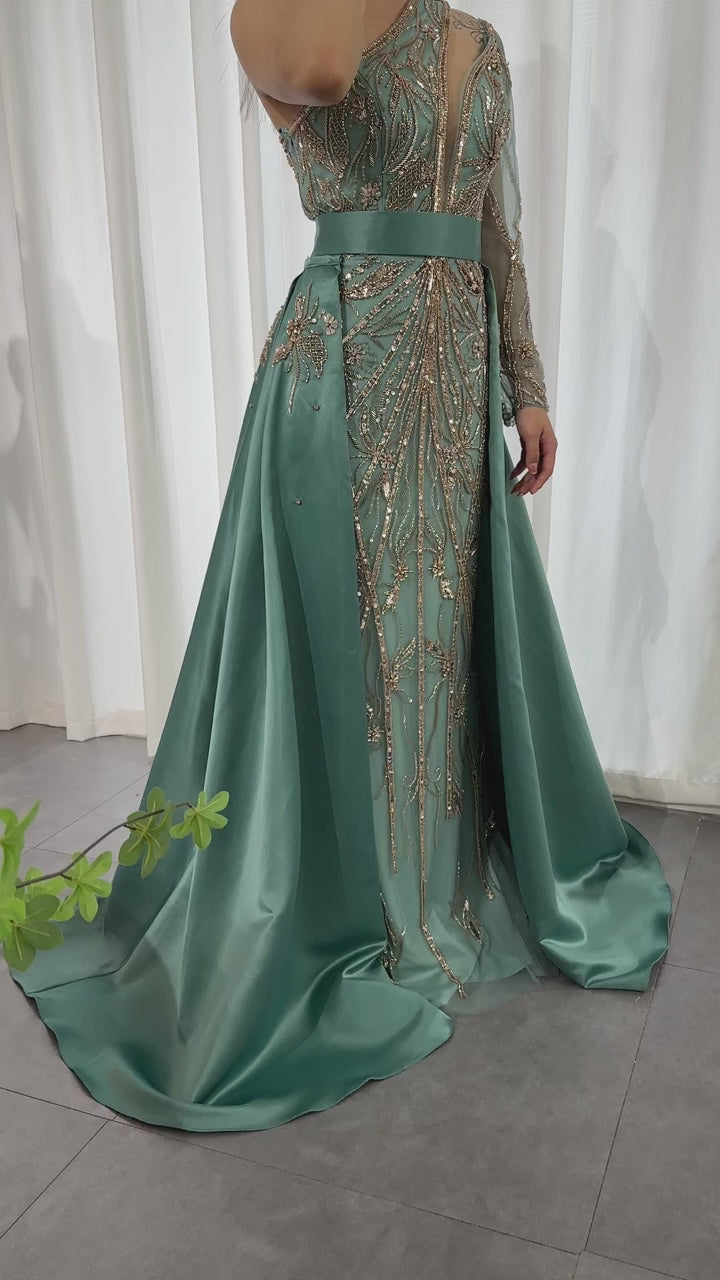 Luxury Turquoise One-Shoulder Evening Dress with Overskirt SS307-2
