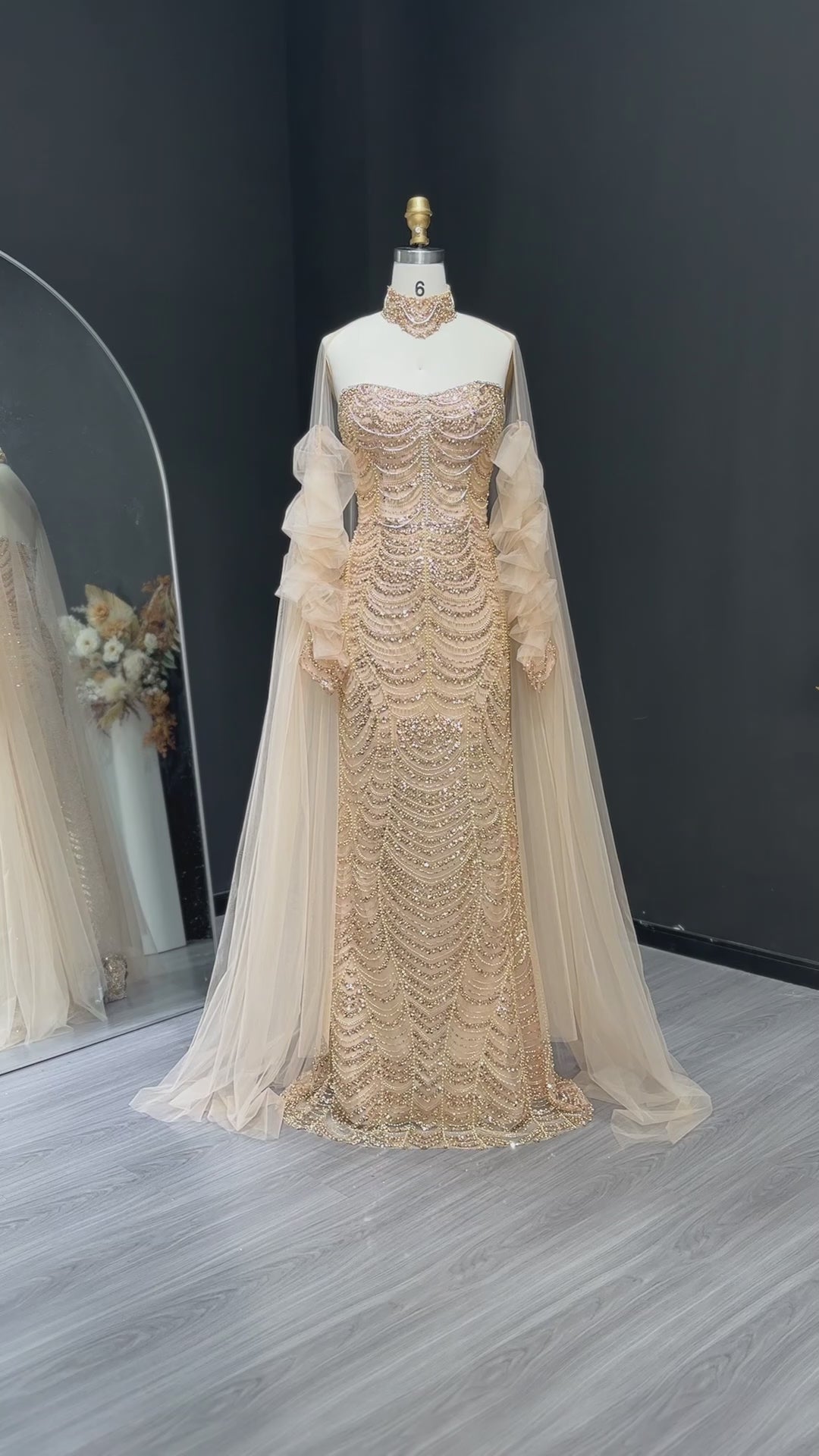 Gold Beading Tassel Cape Sleeve Evening Dress SS535-6