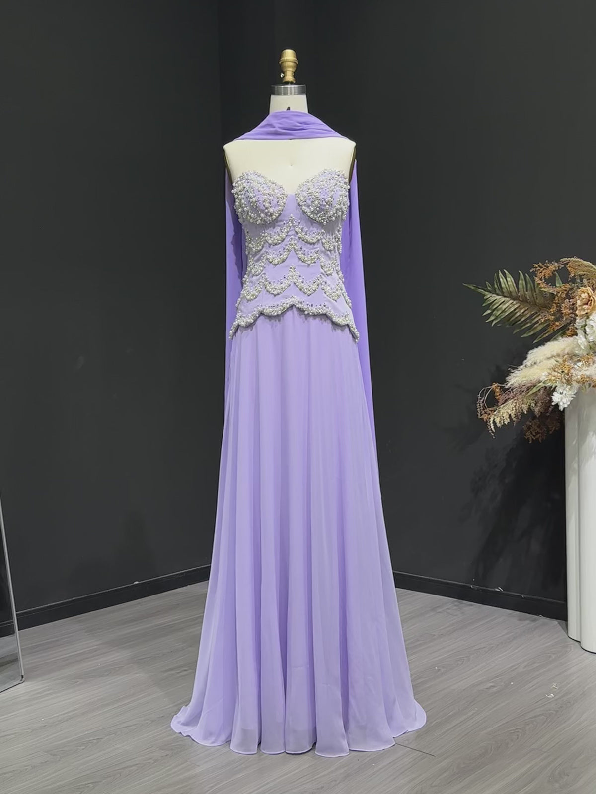 Luxury Purple Beaded Pearl Sweetheart Evening Dress with Scarf SS753-10