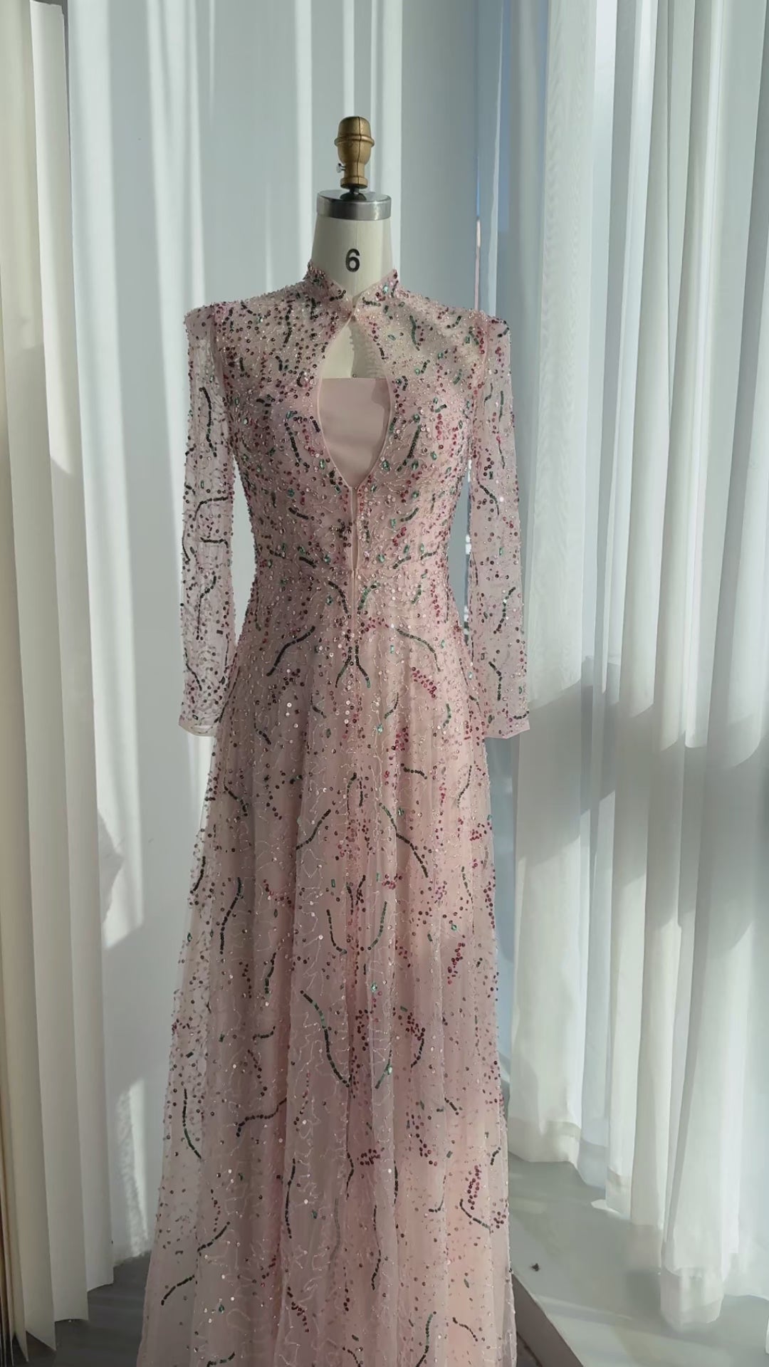 Gold Long Sleeve Sheer Evening Gown XD020-22
