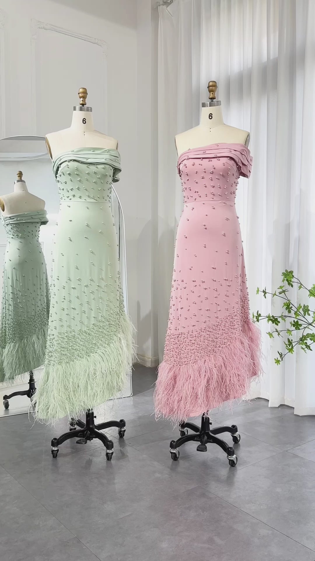 Luxury Feathers Pink Off Shoulder Evening Dress SS388