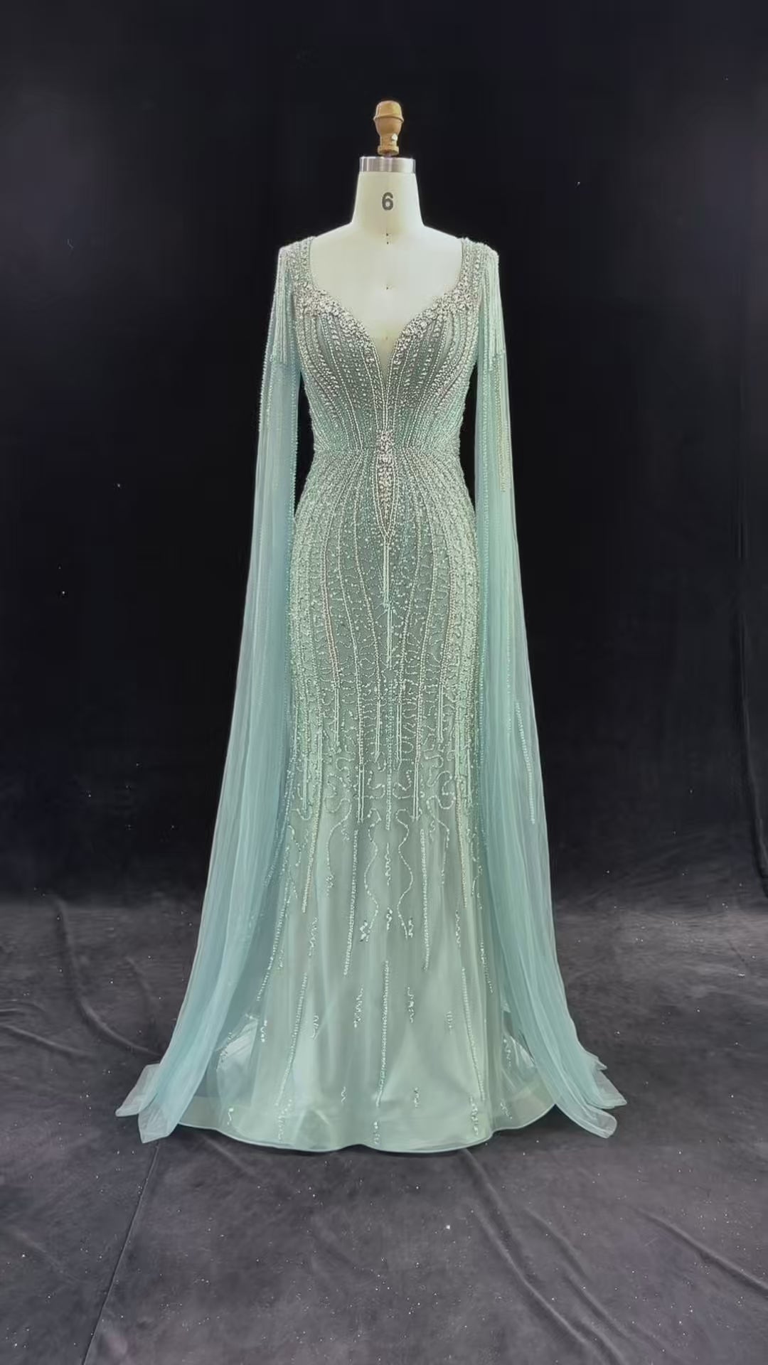 Champagne Beaded Cape Mermaid Evening Dress-22