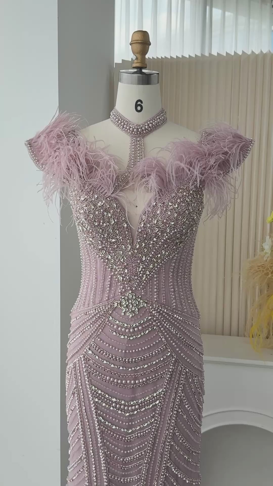 Pink Beaded Feather Mermaid Evening Dress-11