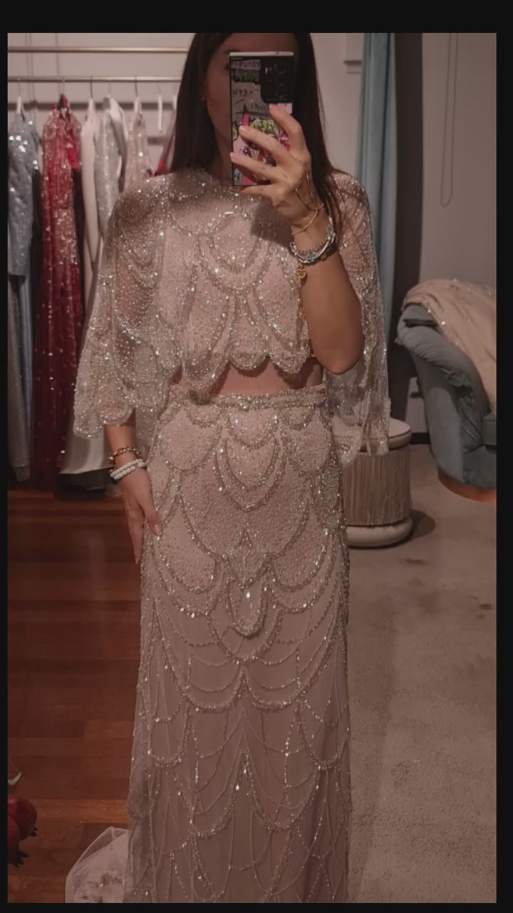 Luxury Beaded Nude Two Pieces Evening Dress SS646