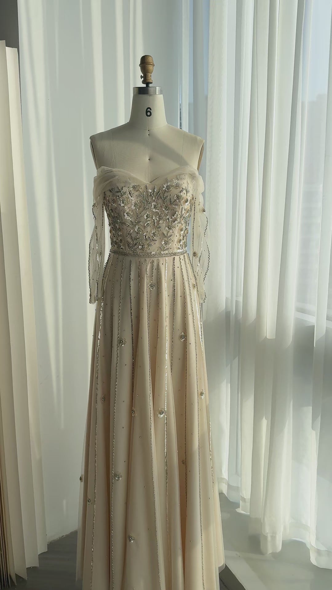 Beige Off Shoulder Long Sleeve Sequins Evening Gown SS421-11