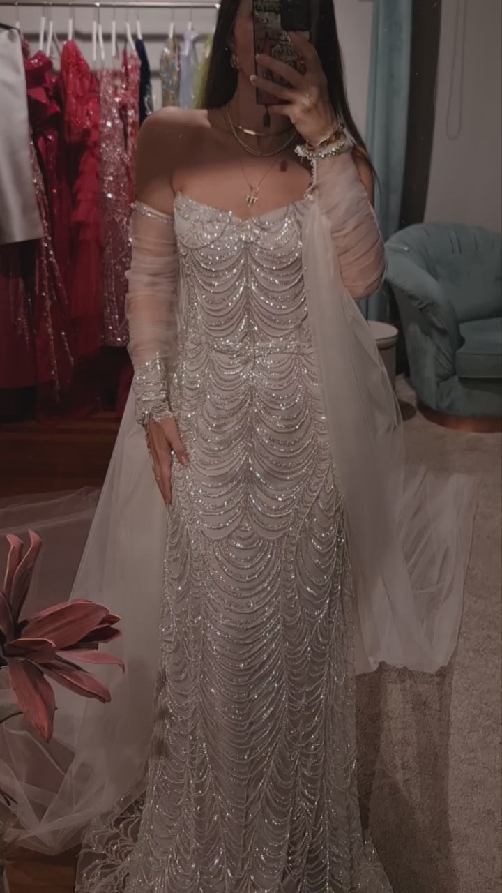Gold Beading Tassel Cape Sleeve Evening Dress SS535-4