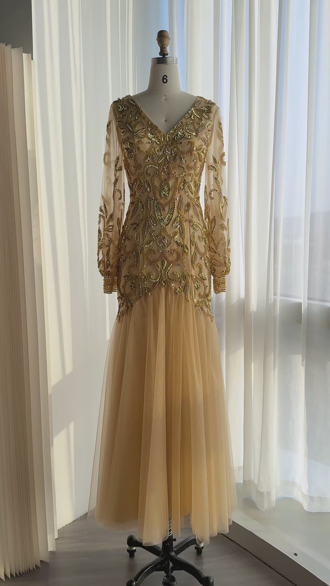 Gold V Neck Long Sleeve Sequins Evening Gown XD080-12