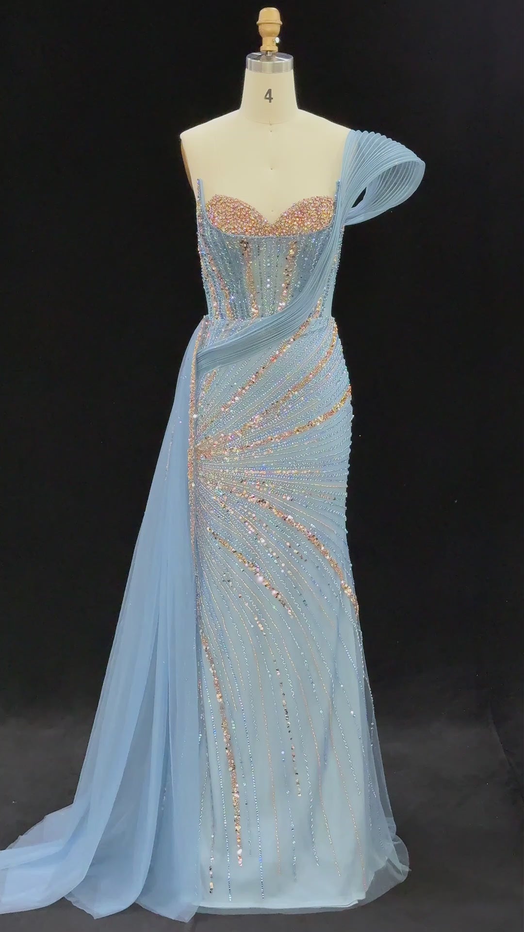 Blue Sequin Pleated One Shoulder Evening Dress-11