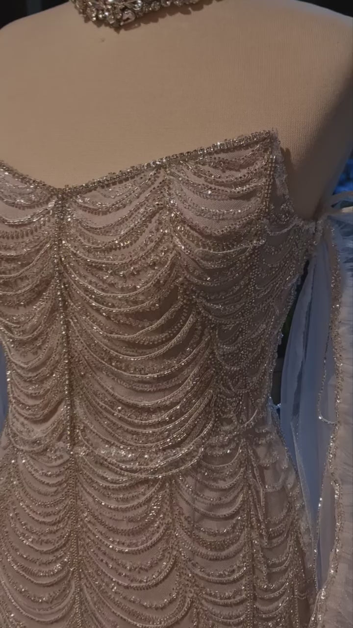 Gold Beading Tassel Cape Sleeve Evening Dress SS535-5