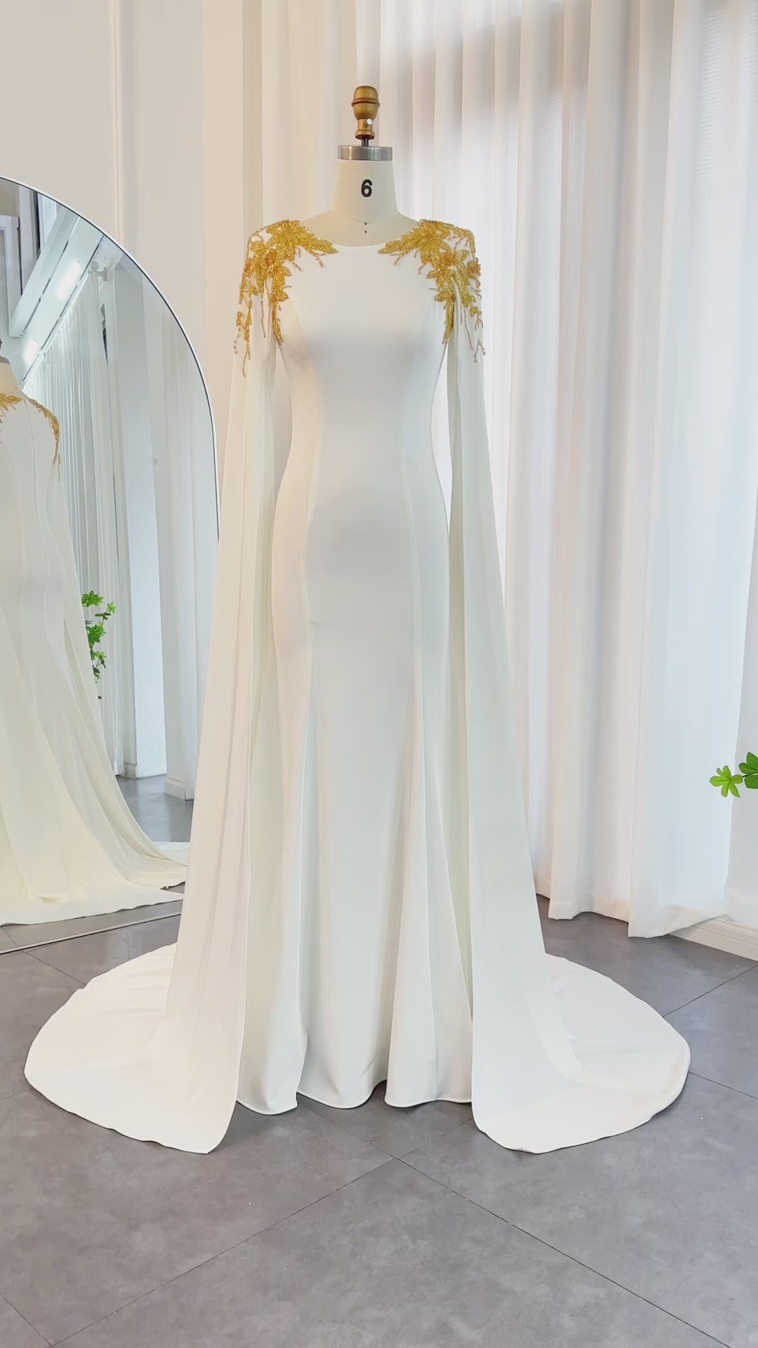 Elegant White Mermaid Evening Dress with Cape Sleeves SF284