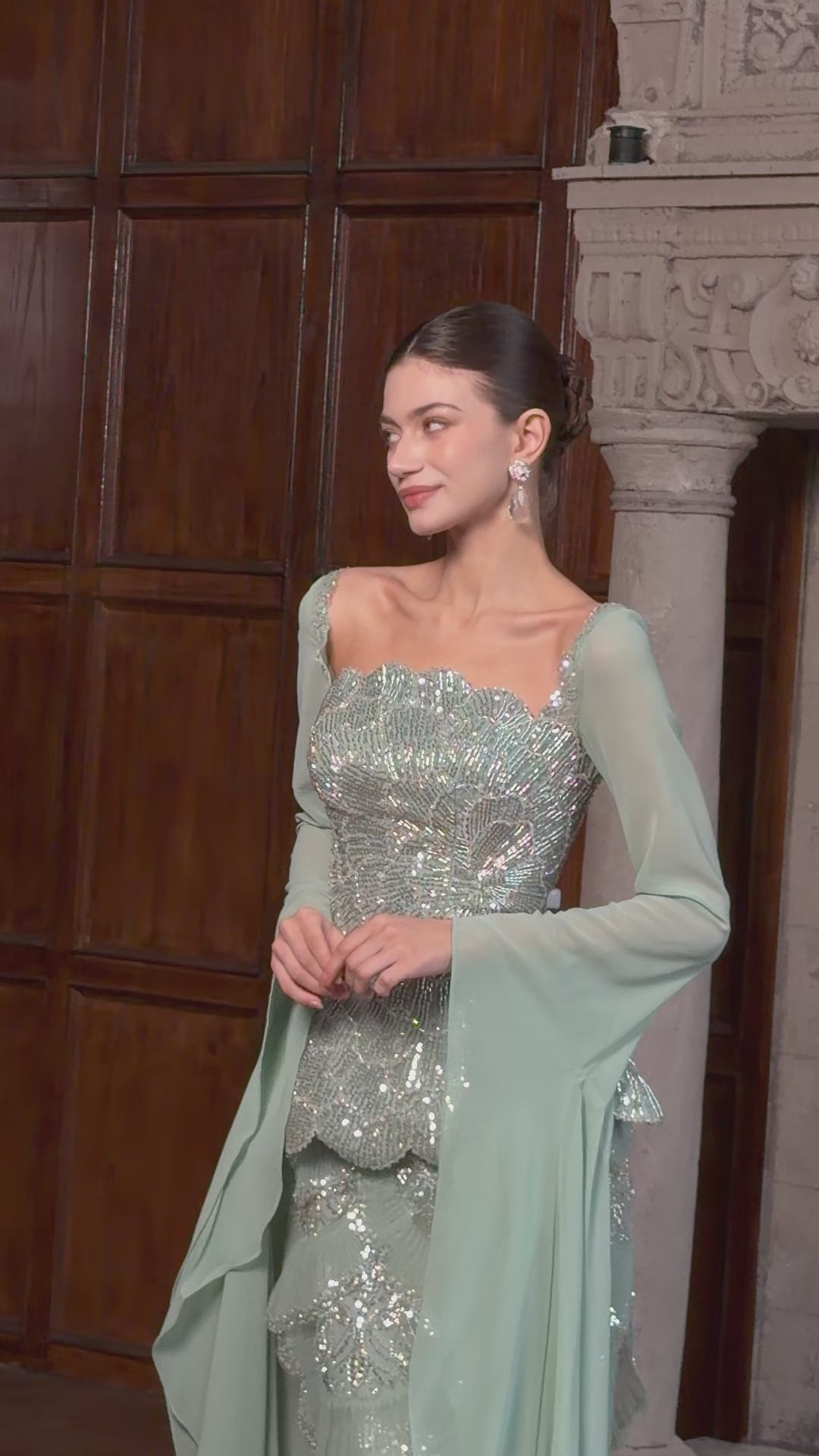 Sage Green Beaded Long Sleeve Evening Gown-16