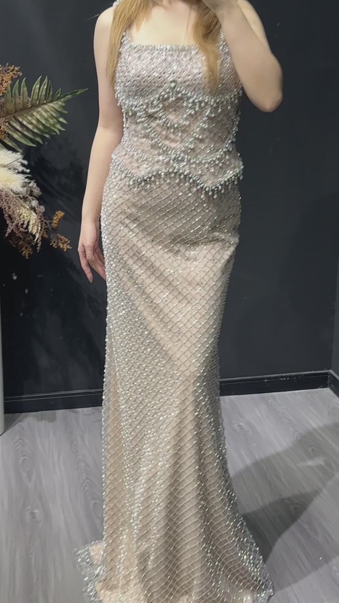 Gray Beaded Crystal Long Straight Evening Dress SS631-4