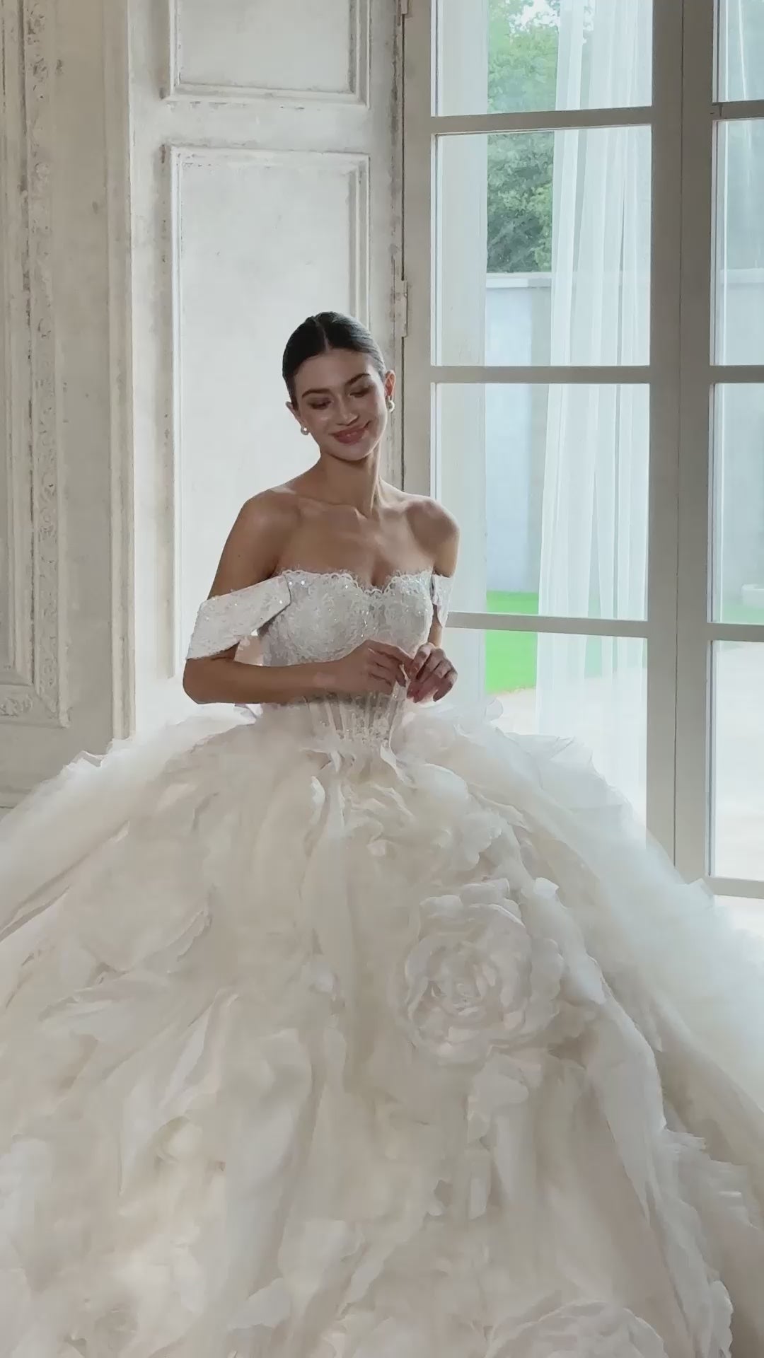 Off White Lace Corset Tiered Ruffle Tulle Wedding Dress-14