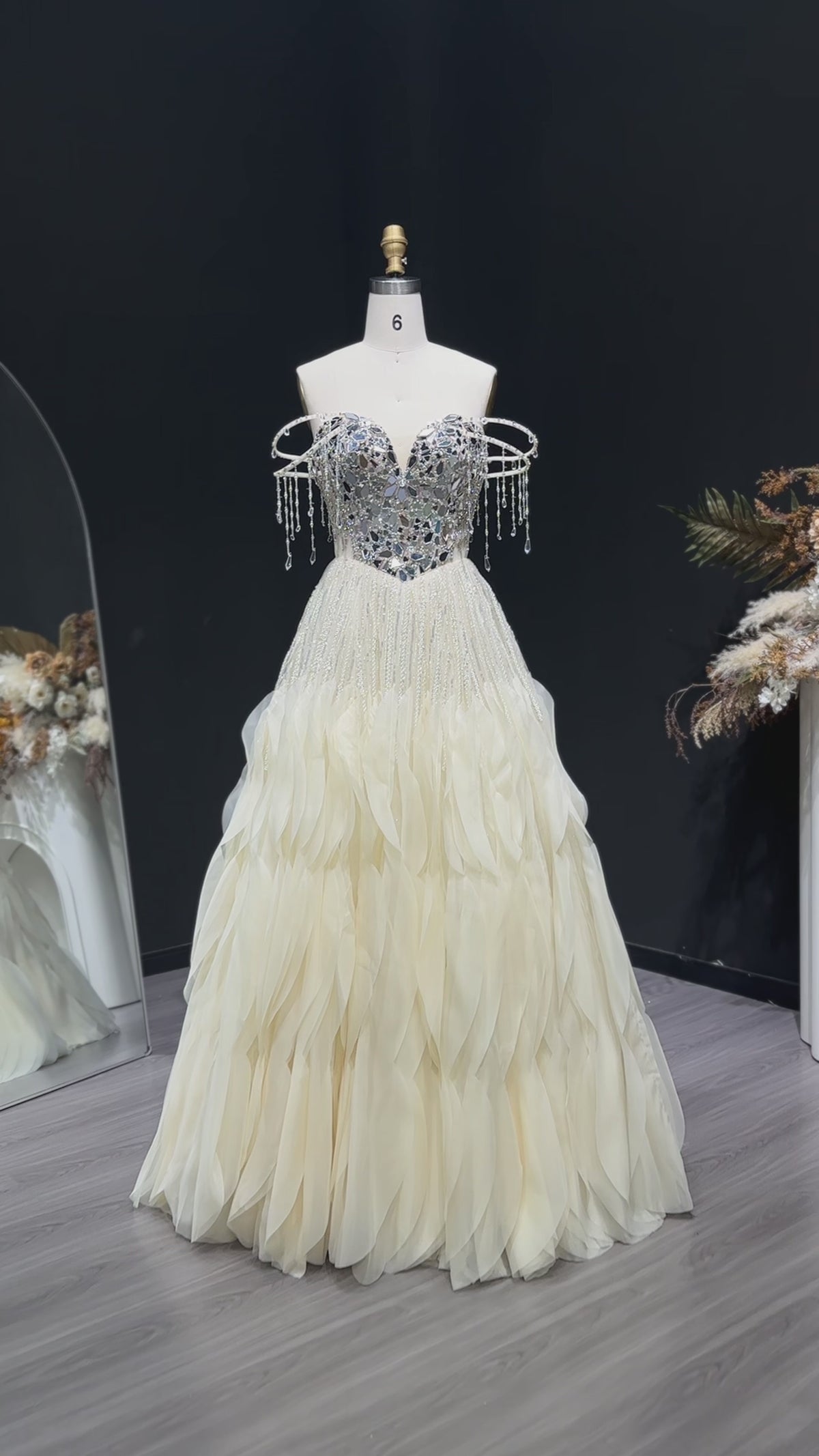 Luxury Beige Tassel Strapless Layered Tulle Ball Gown Evening Dress SS734-11