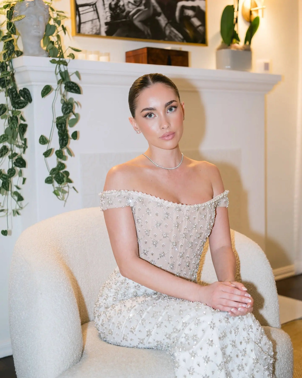 Glamorous Stunning White Sequin Beaded Off-Shoulder Evening Dress SS610 